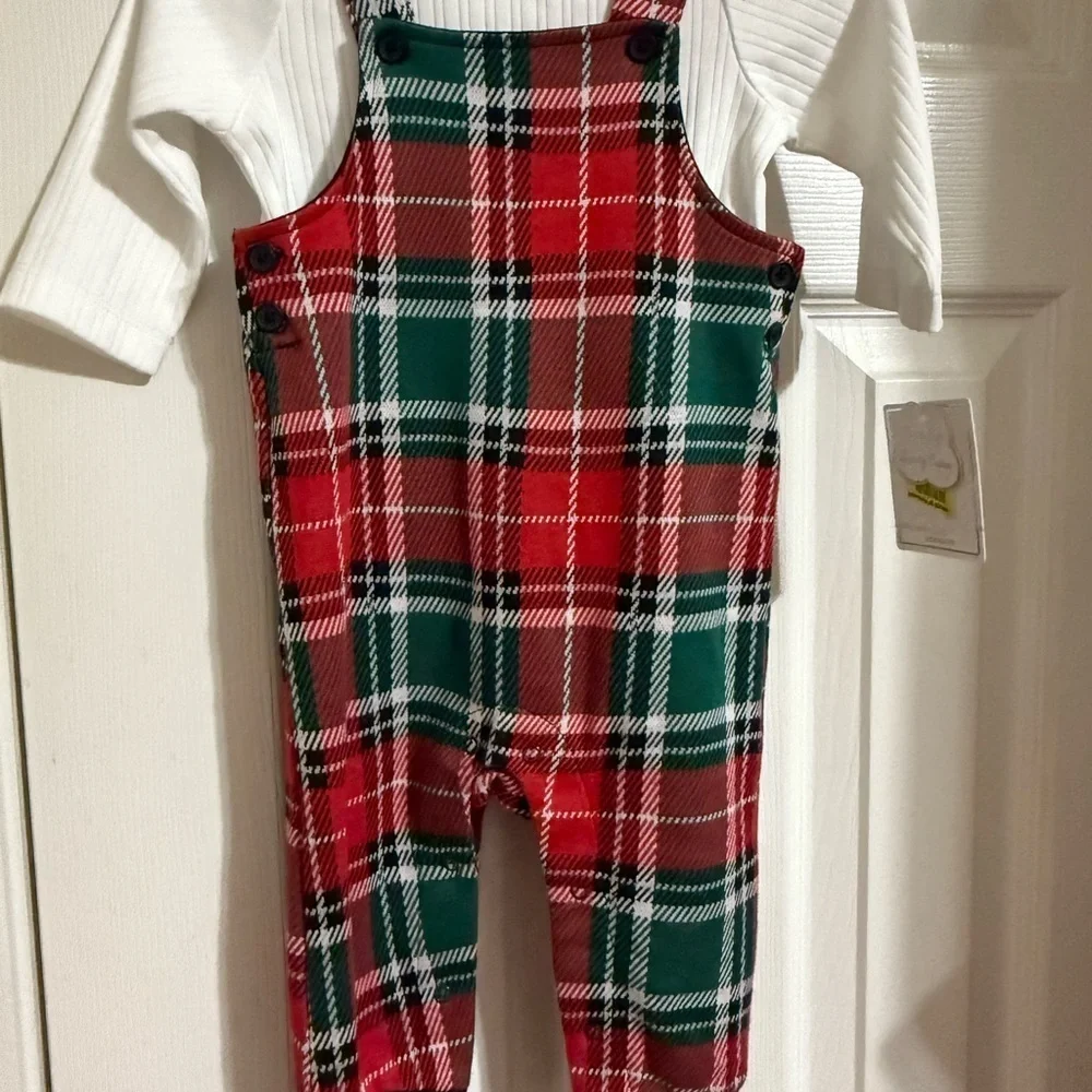 NWT Little Me Plaid Overalls Outfit